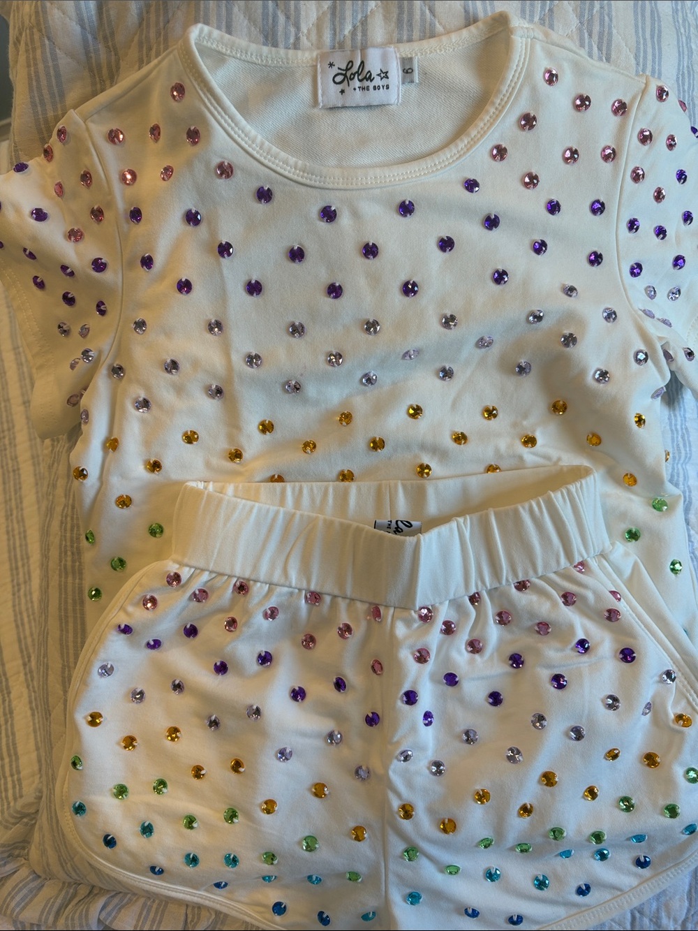 Lola + The Boys White Tee and Shorts with Rainbow Gem Accents